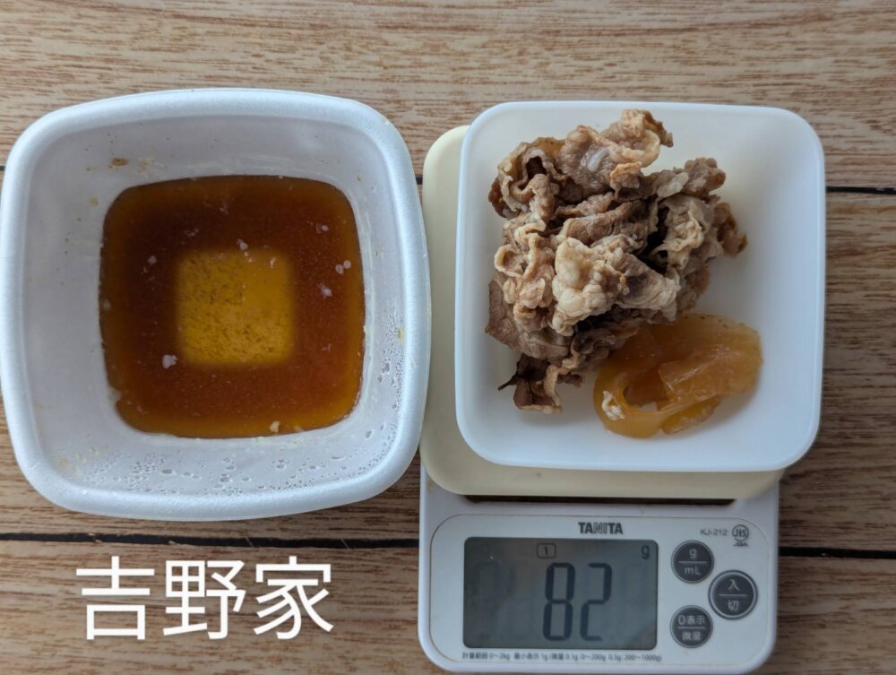 吉野家の牛丼の具を白い器に取り分けて計量している様子。左には残った汁が入った容器、右には具が乗った皿がスケールに置かれ「82g」と表示されている。背景は木目のテーブル。