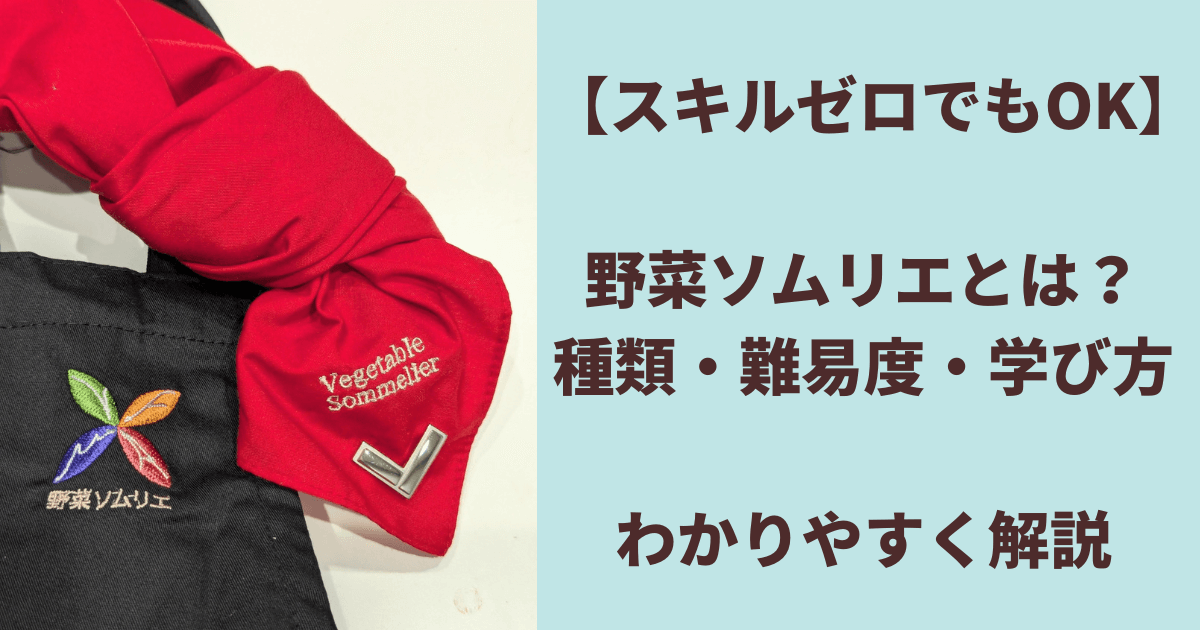 野菜ソムリエの赤いスカーフと黒いエプロンの写真。テキストに「スキルゼロでもOK 野菜ソムリエとは？ 種類・難易度・学び方 わかりやすく解説」と書かれている。