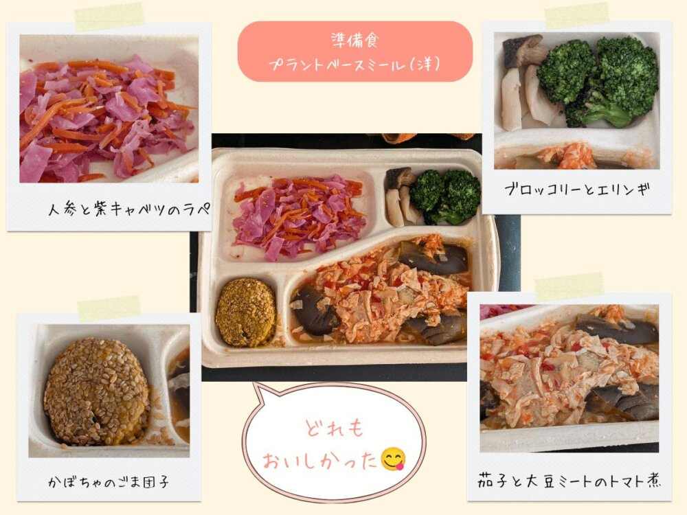 リモファスの準備食として提供されたプラントベースミール。人参と紫キャベツのラペ、ブロッコリーとエリンギ、かぼちゃのごま団子、茄子と大豆ミートのトマト煮が盛り付けられている